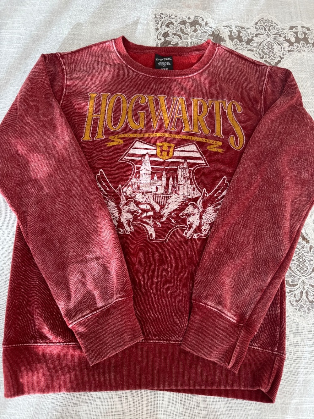 Harry Potter Hogwarts Crewneck Sweatshirt Small S 34/36 Burgundy Acid Wash Graph